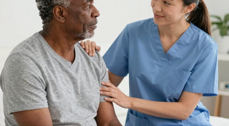 A man in a wheel chair being pushed by a woman