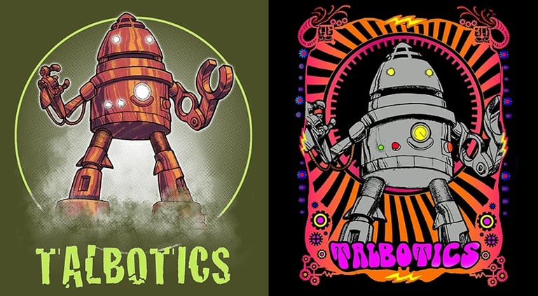 The two options of robot graphics that appear on Talbotics t-shirts.