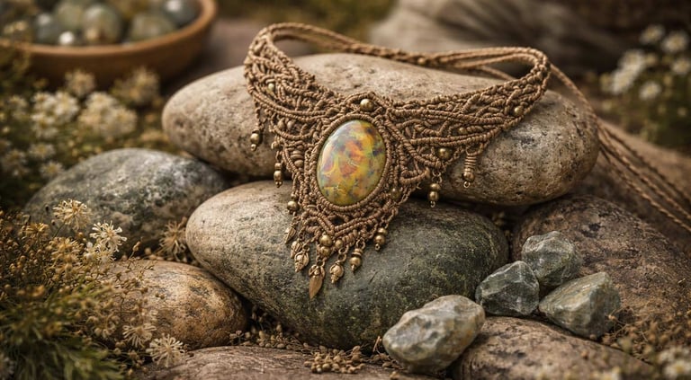 Collar de macramé elaborado con una piedra mineral amatista en tonos naranjas y cafes