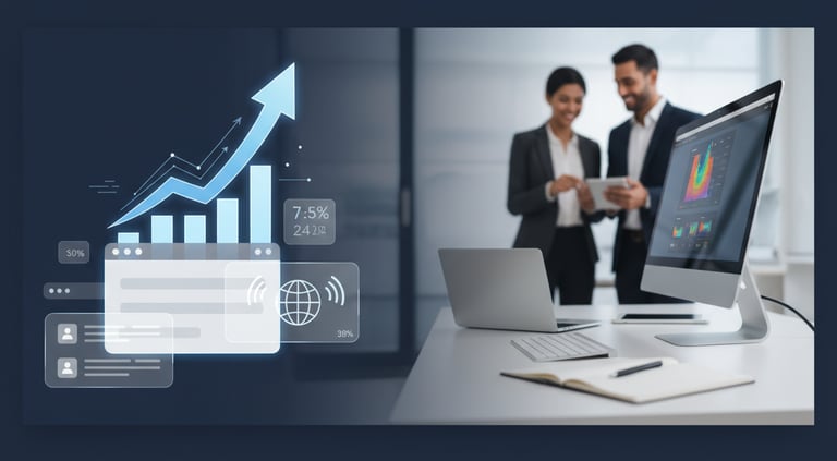 Modern office workspace with a computer monitor displaying analytics, a laptop, and a notebook on a 