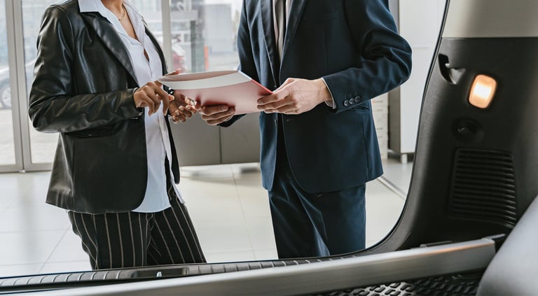 "Échange cordial entre un client et un professionnel dans une concession automobile.