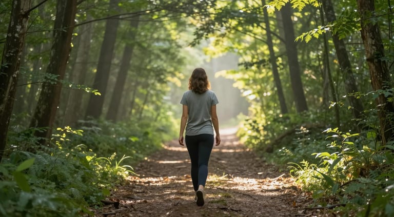 Woman walking mindfully in forest for intuitive clarity and grounding