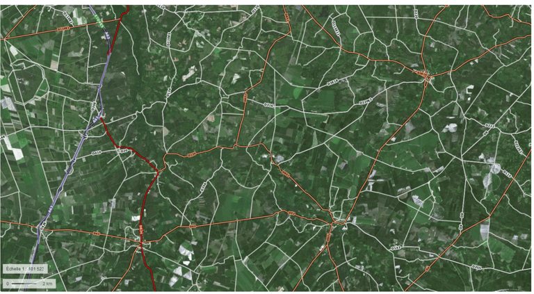Photo aérienne du sud-ouest de la France avec représentation des routes bitumées