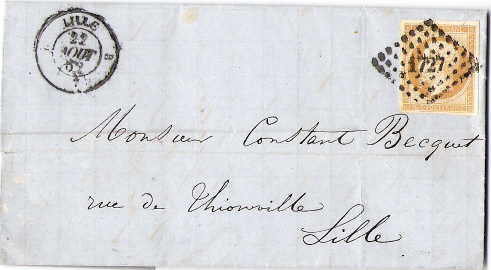 1862: Brief aus WAZEMMES, frankiert mit 10 Centimes