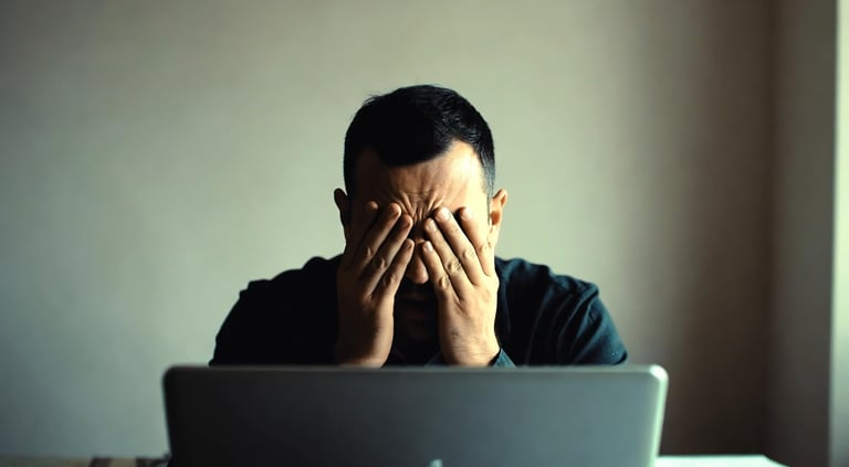 Christian man in distress at laptop struggling with porn addiction and shame.