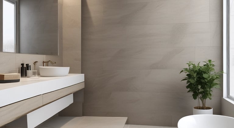 A tiled wall featuring a series of rectangular panels in varying shades of blue, situated in what appears to be an indoor setting. The tiles are clean and sleek, with overhead lighting reflecting off the surface, creating a geometric and modern appearance. The floor in front is tiled in light gray with dark trim along the edge.