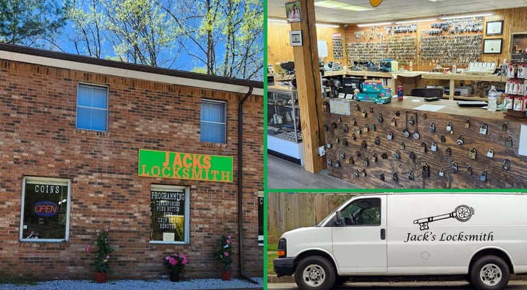 Jack's Locksmith storefront, shop interior, and commercial service van in Burnsville NC