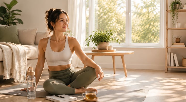 A woman in yoga wear sitting on a mat in a sunny living room practicing mindfulness and home wellness.