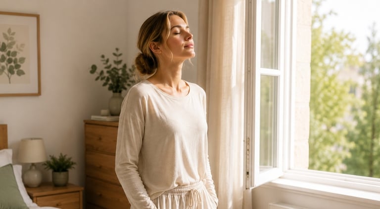 Woman taking a deep breath by an open window during a calm morning routine to help reduce stress.