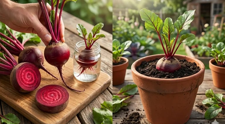 Beterrabas sendo rebrotadas na água e depois cultivadas em vaso de terracota em uma horta ensolarada