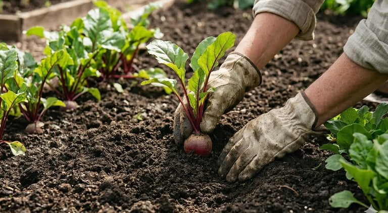 Agricultor com luvas de trabalho plantando beterrabas orgânicas em um canteiro de solo fértil.