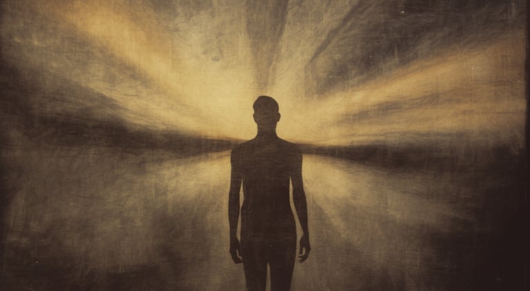 Silhouet in een veld van licht dat innerlijke kracht en bewustwording uitstraalt.
