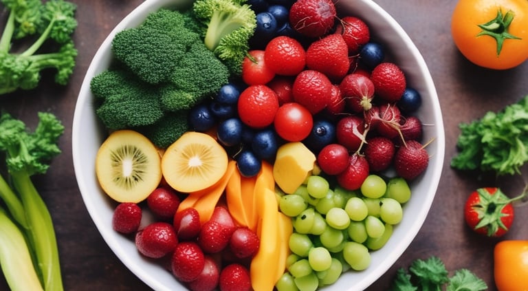 um prato de frutas e vegetais na mesa