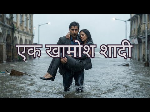 A man carries a woman through a flooded city street during a storm in this intense cinematic drama scene.
