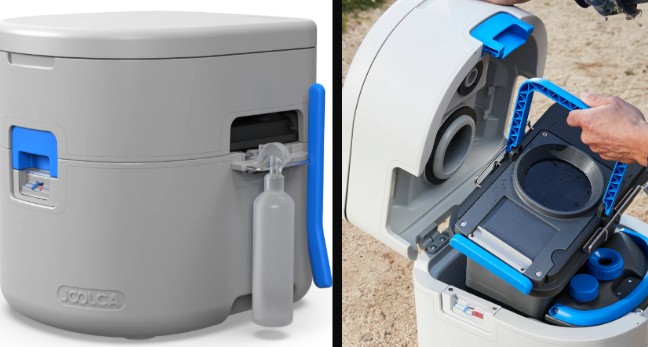 Collage showing the GottaGo chemical toilet and the cassette inside.