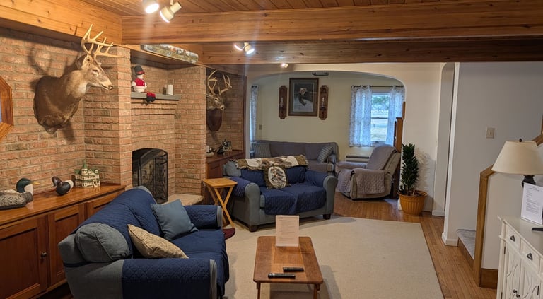 Rustic living room featuring blue seating, wood-paneled ceilings, and a traditional brick fireplace.