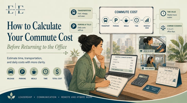 An infographic showing how to calculate monthly commute costs for remote and hybrid work planning.