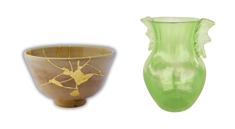 Ceramic pot on the left and uranium glass vase on the right.