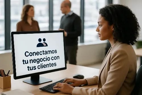 Chica presentando a clientes frente a un ordenador con el mensaje: conectamos tu negocio con tus cli