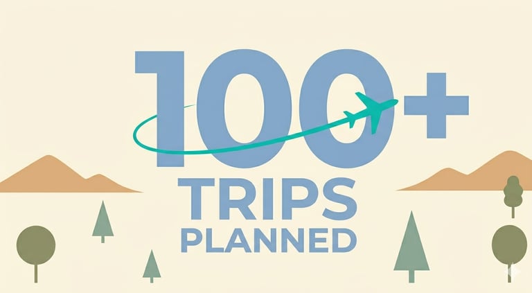 Travel graphic with an airplane icon and text reading 100 plus trips planned over an outdoor landscape.