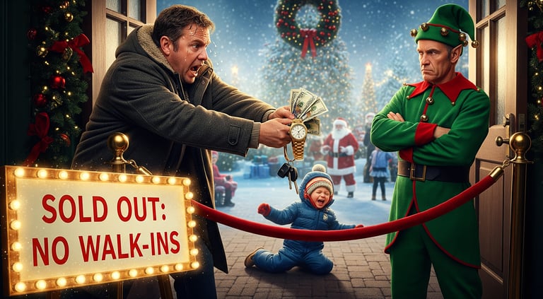 a father holding money is trying to bribe man in a green elf costume 