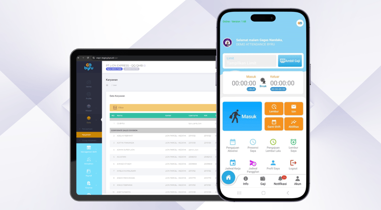 Tampilan aplikasi HR Byru ditampilkan di tablet dan smartphone.