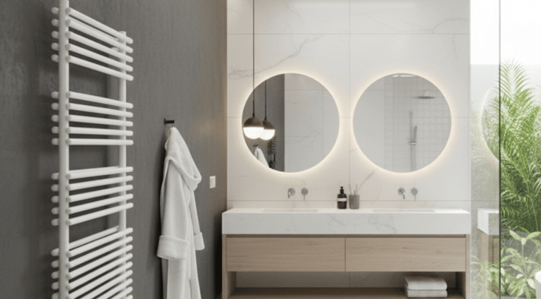A high output towel rail set in a stunning luxury modern bathrooms