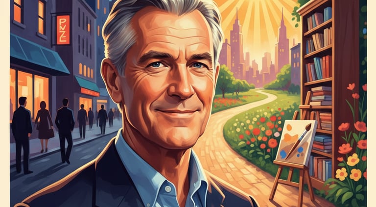 A person of retirement age, smiling and looking out at a vibrant landscape, symbolizing freedom and