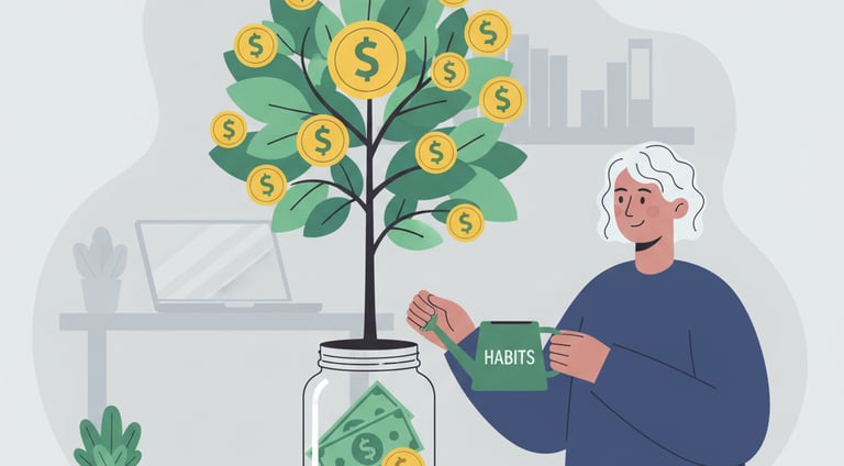 An illustration of a person watering a small money tree that is growing out of a savings jar. The ba