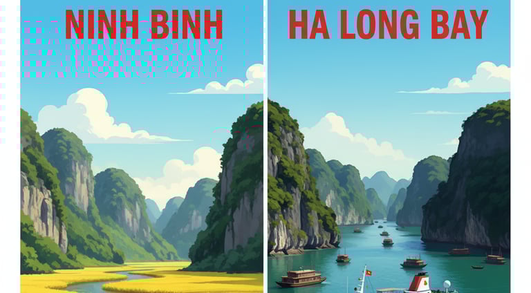 A side-by-side comparison of a serene boat tour through the rice paddies and limestone karsts of Nin