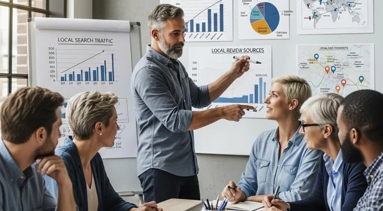 a team of small business owners collaborating over local SEO strategies