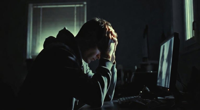 Stressed man in a dark room holding his head while sitting at a computer desk.