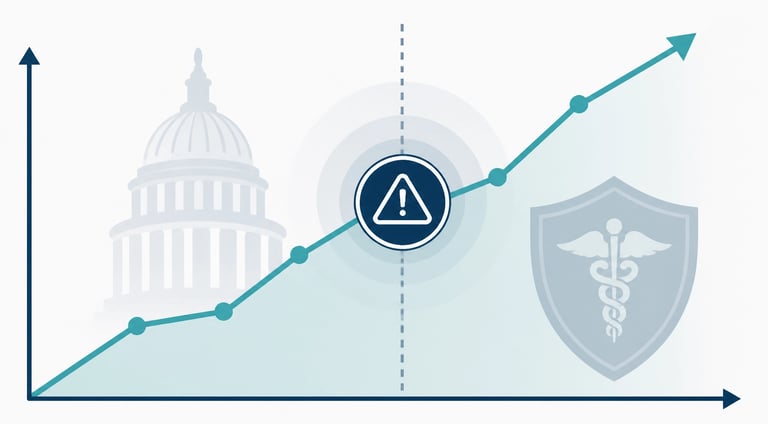 illustration of a line chart showing a rising valuation line intersected by a risk symbol, depicting