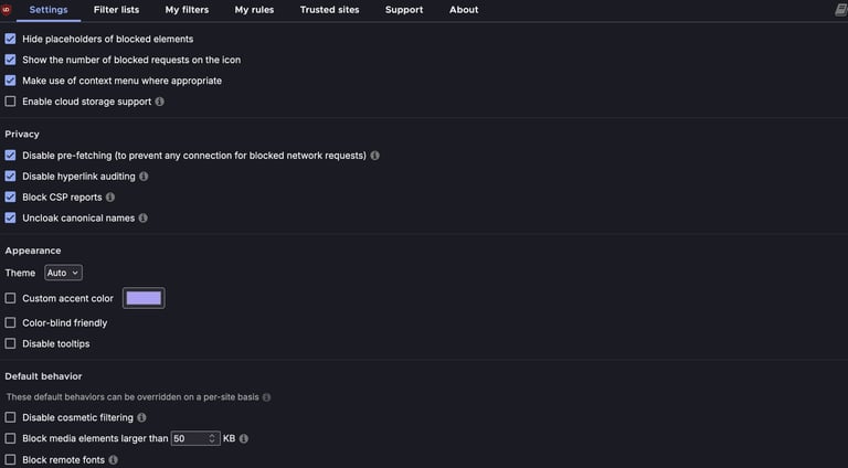 how to use ublock origin settings page
