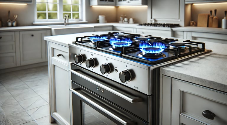 a stove top oven with a blue flame on it