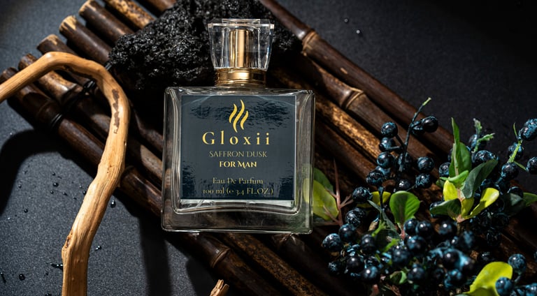 Gloxii SAFFRON DUSK perfume bottle with saffron-inspired warm tones.”