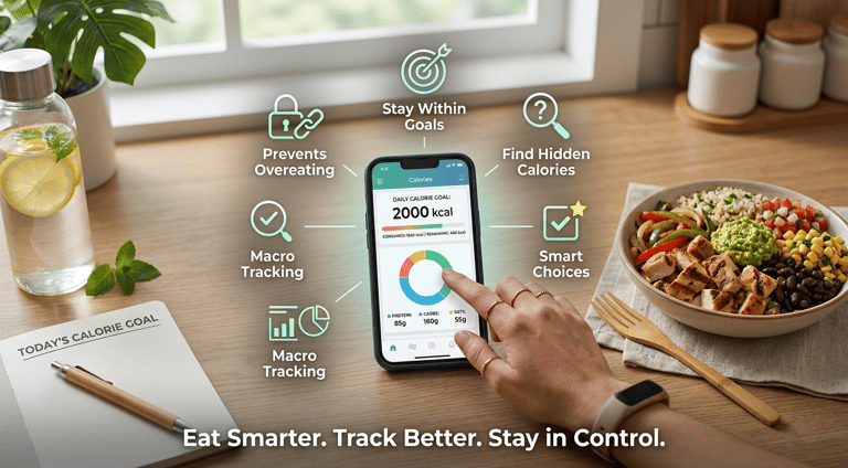 Calorie tracking app on smartphone with Chipotle meal showing benefits like preventing overeating, s