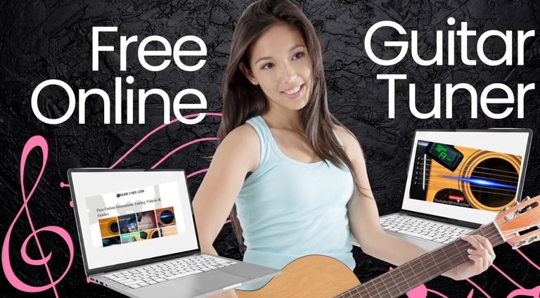 Woman playing acoustic guitar using a free online guitar tuner on a laptop computer.