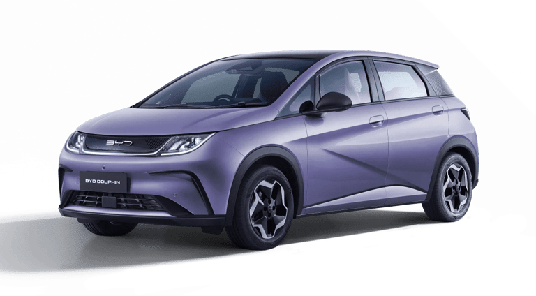 BYD Dolphin ungu Gresik tampak depan – mobil listrik hemat Jawa Timur