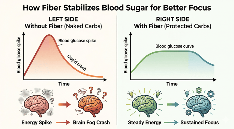 Blood sugar spike from refined carbs vs stable glucose curve with fiber