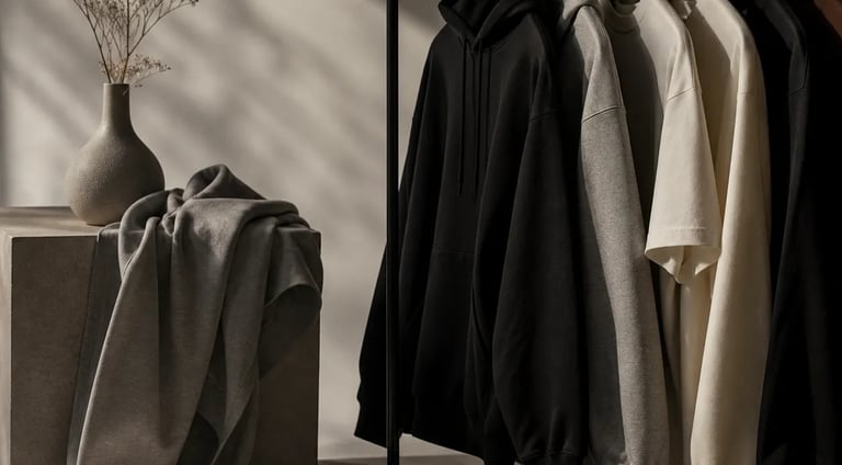 Minimalist clothing rack featuring neutral hoodies and t-shirts in a modern room. Krypton Studio