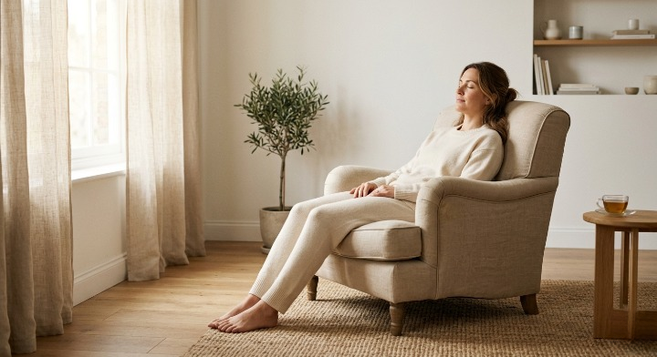 A woman relaxing in a beige armchair in a minimalist living room with a neutral aesthetic.