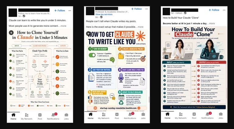 Three side-by-side LinkedIn posts featuring infographics on how to train Claude AI to write in your personal voice.