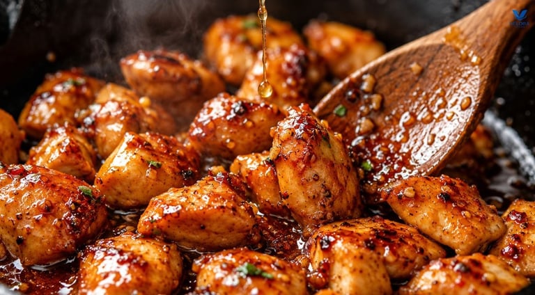 Skillet of chicken with hot honey garlic glaze.