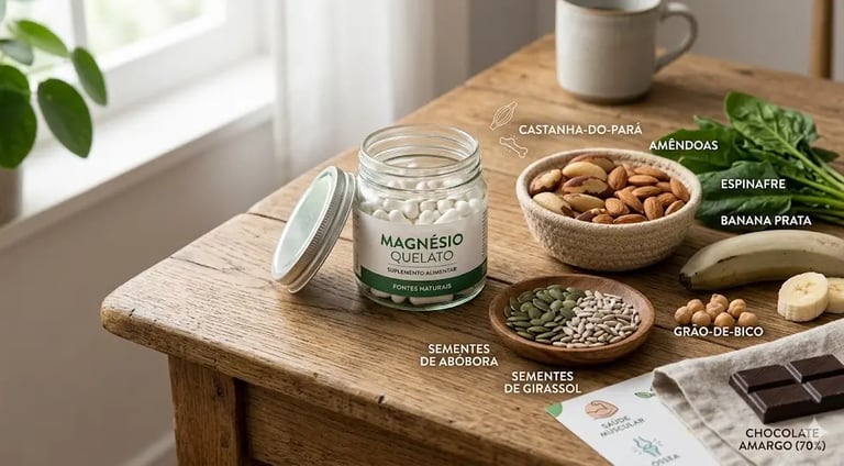 Bottle of chelated magnesium supplement with natural food sources like nuts and spinach.