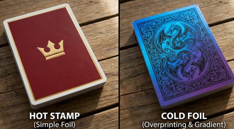 Cold foil vs hot stamp playing cards comparison showing gradient metallic effect.