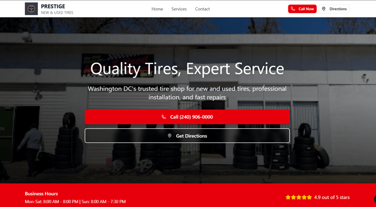 Prestige tires website hero section