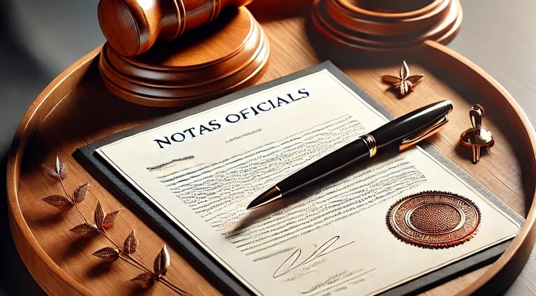 Bandeja de madeira com caneta e papel escrito, simbolizando comunicados e notas oficiais.