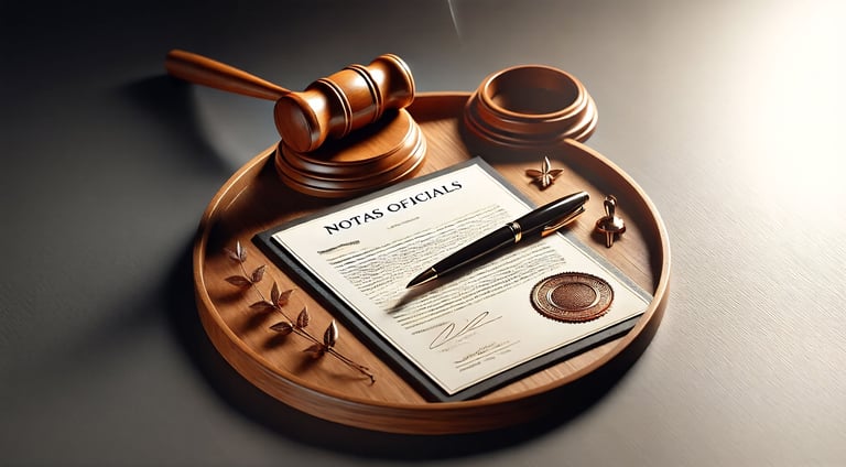 Bandeja de madeira com caneta e papel escrito, simbolizando comunicados e notas oficiais.