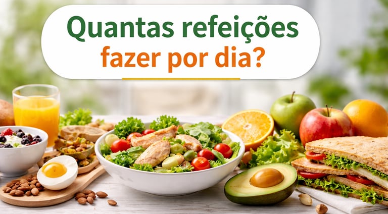 Refeições saudáveis variadas com título sobre quantas refeições fazer por dia